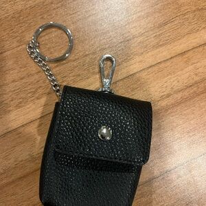 Black Textured Leather Keychain Pouch with Silver Hardware